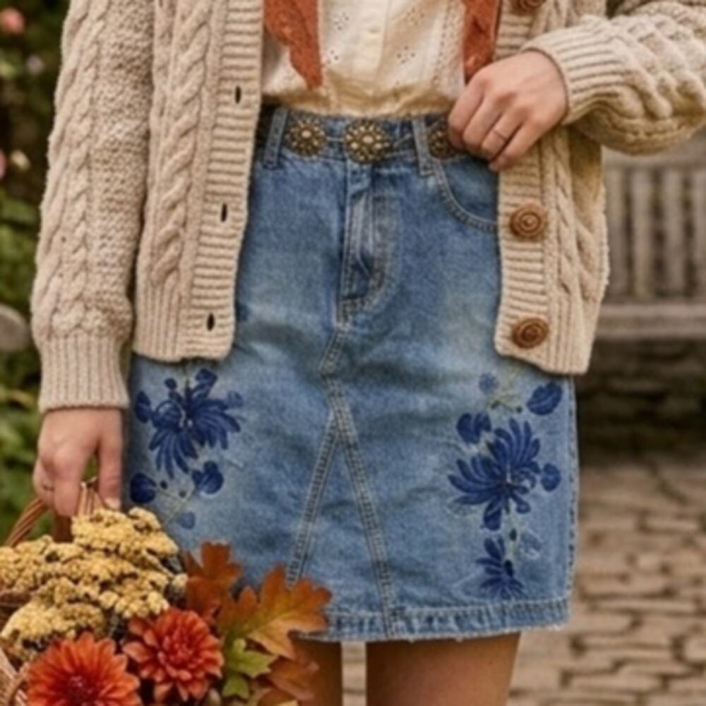Vintage Express Bleus Embroidered Denim Skirt Made in USA 11/12 Y2K Cottagecore